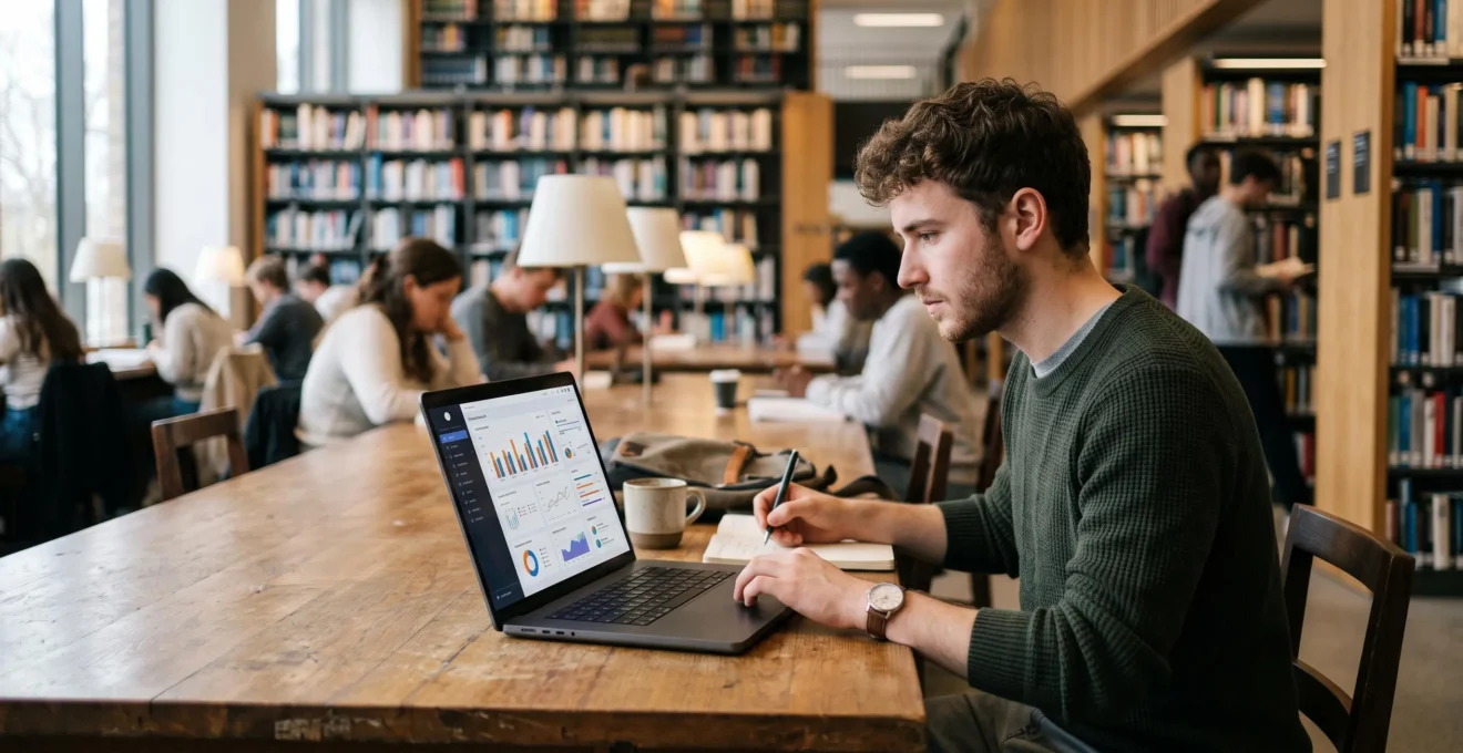 Étudiant consultant des informations bancaires sur un ordinateur portable dans une bibliothèque universitaire moderne