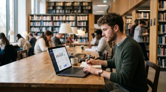 Étudiant consultant des informations bancaires sur un ordinateur portable dans une bibliothèque universitaire moderne