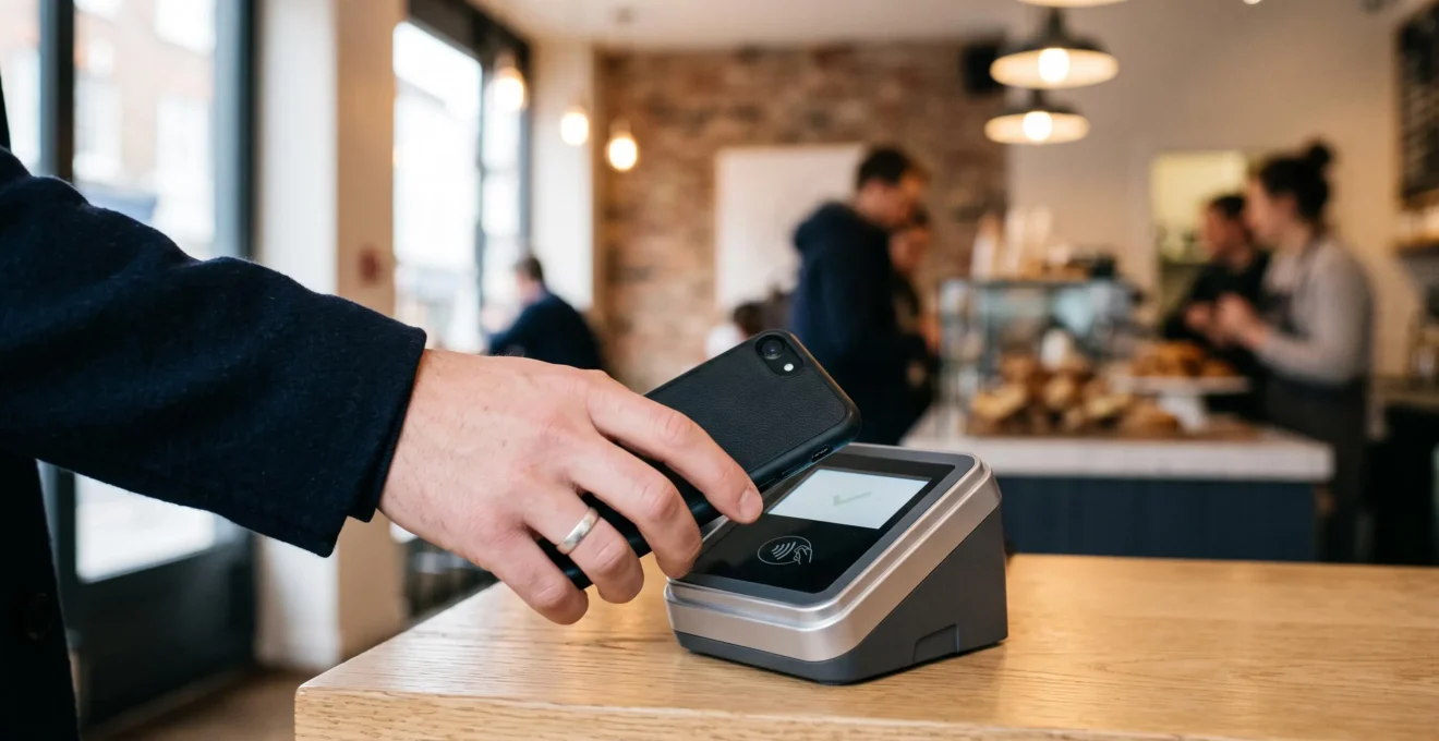 Main d'une jeune personne effectuant un paiement sans contact avec un smartphone sur un terminal de paiement dans un commerce